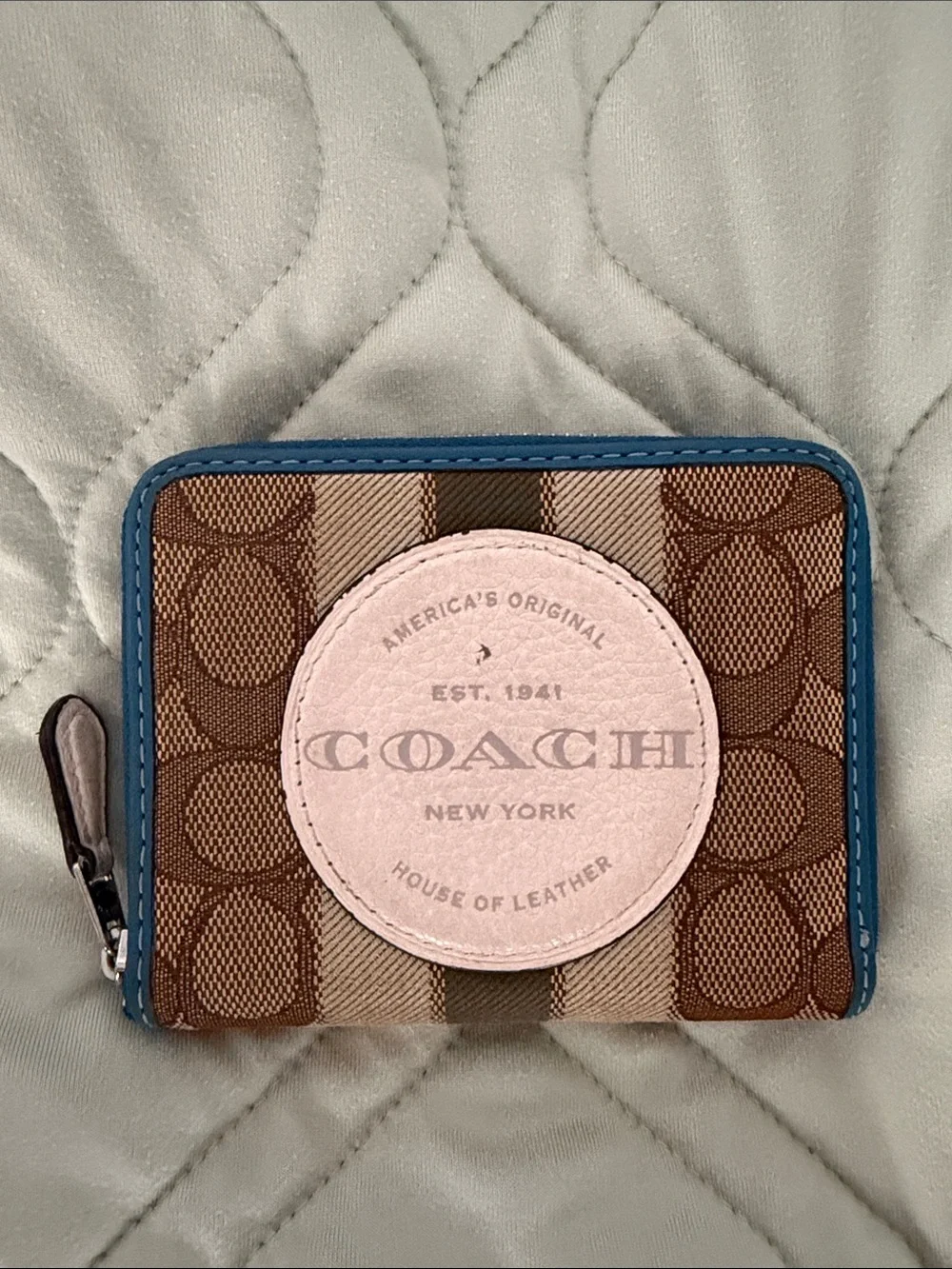 COACH New York Brown Signature Zip Wallet with Pink Patch